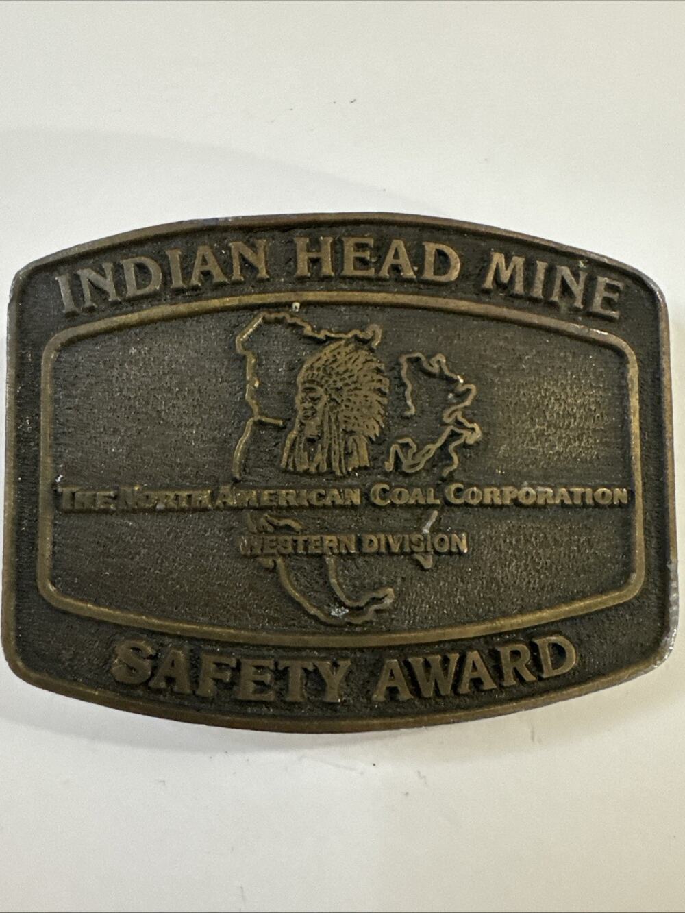 Vtg Indian Head Mine Brass Belt Buckle North American Coal Corp Safety Award 70s